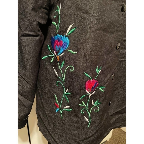 ALLISON Daley Black Button Up Long Sleeve Blouse Shirt Top Embroidered Flowers - Picture 3 of 9